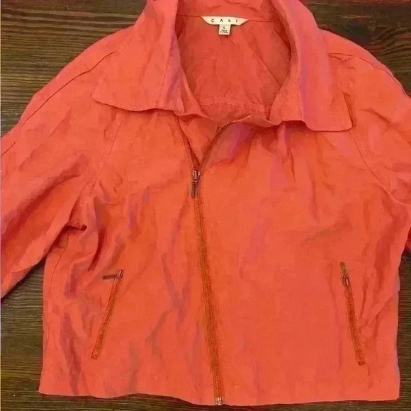 CAbi Cropped MOTO Zip JACKET Womens L Coat Peach Melon Coral Sheen Nylon LARGE - Picture 2 of 6